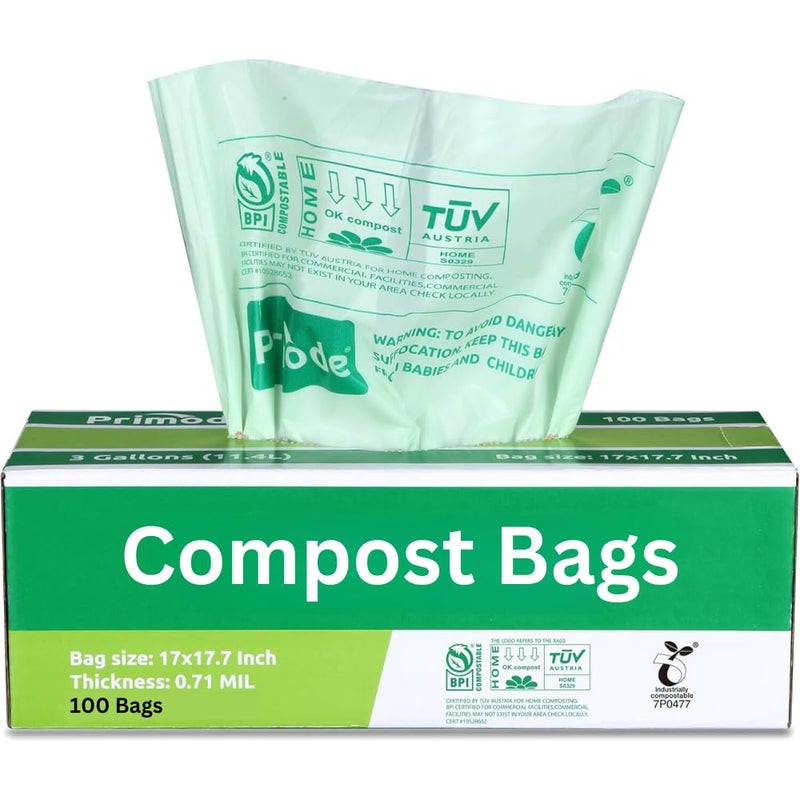 Primode Compost Bags, Compostable Trash Bags 3 Gallon Compostable Bags Small Compost Bags for Countertop bin Extra Thick 0.71 Mil. ASTM D6400 Certified By BPI and TÃœV AUSTRIA (3 Gallon, 100 Units) - Image 1